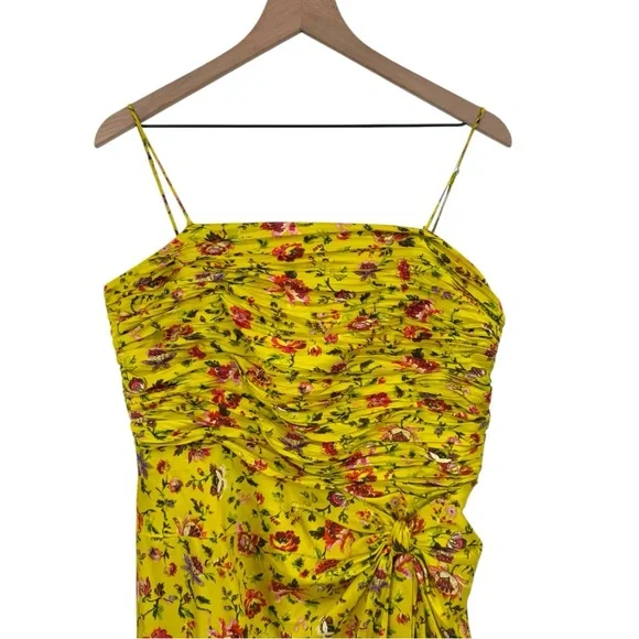 Cinq a Sept Katz Provence Dress 14 Yellow Floral Ruched Satin Midi Formal - Picture 9 of 16